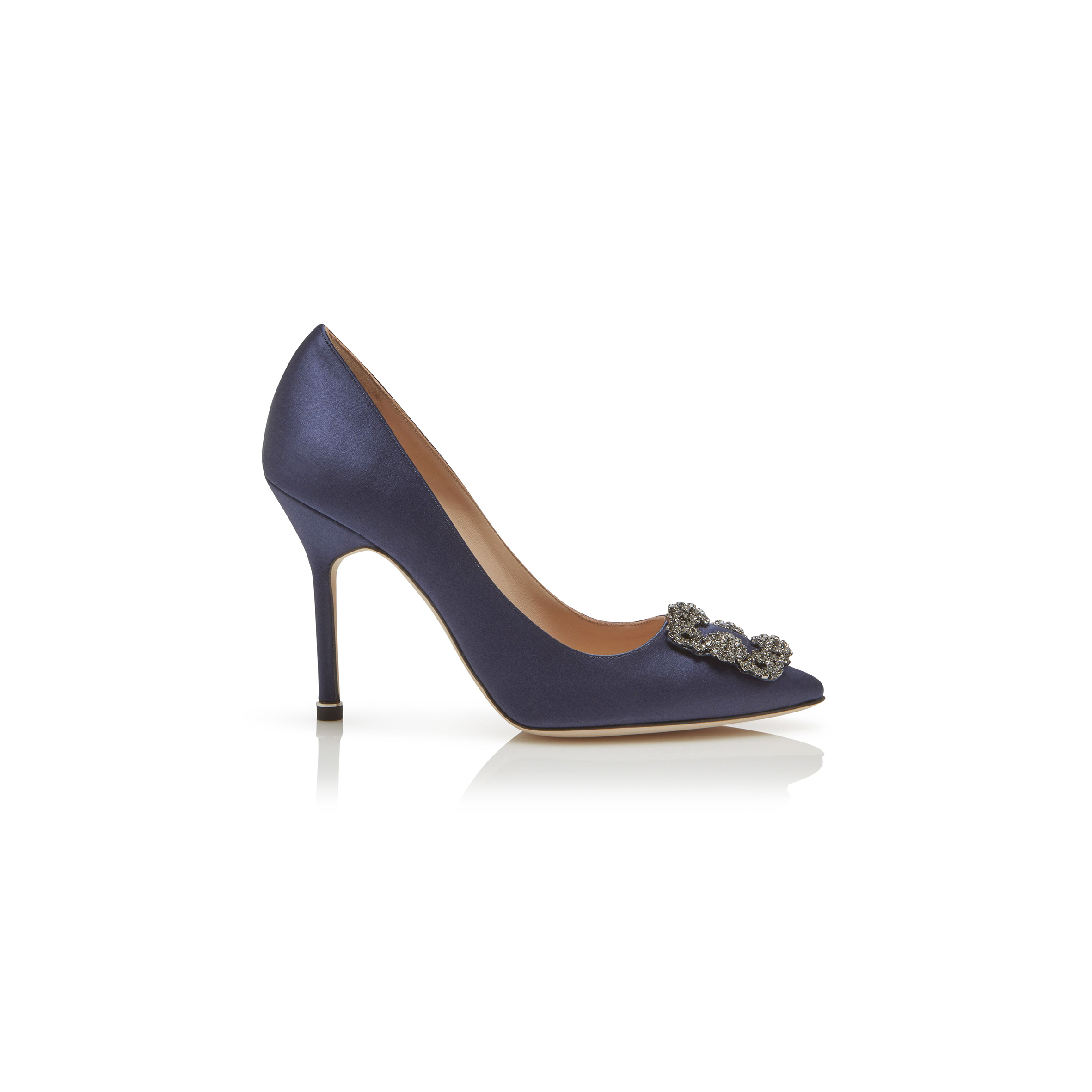 MANOLO BLAHNIK HANGISI NAVY BLUE SATIN JEWEL BUCKLE PUMPS 9XX-0664-0050